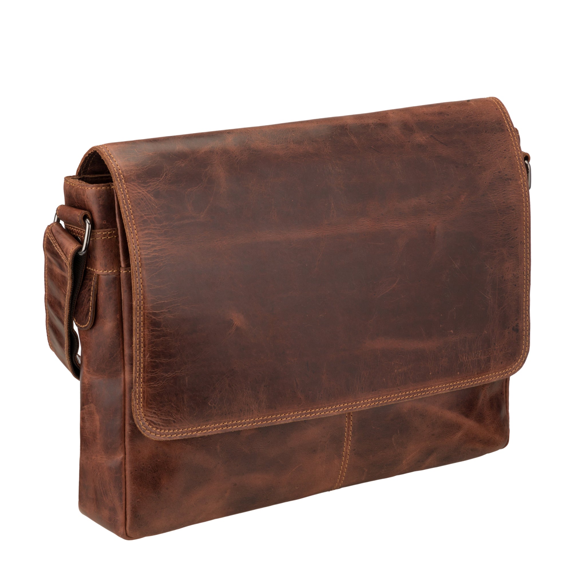 Richmond full grain leather laptop messenger bag for men, 16 inch work bag in chestnut by Minori Leather.