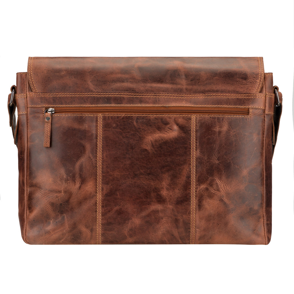 Richmond full grain leather laptop messenger bag for men by Minori Leather, 16-inch work bag in chestnut color, with front pocket detail.
