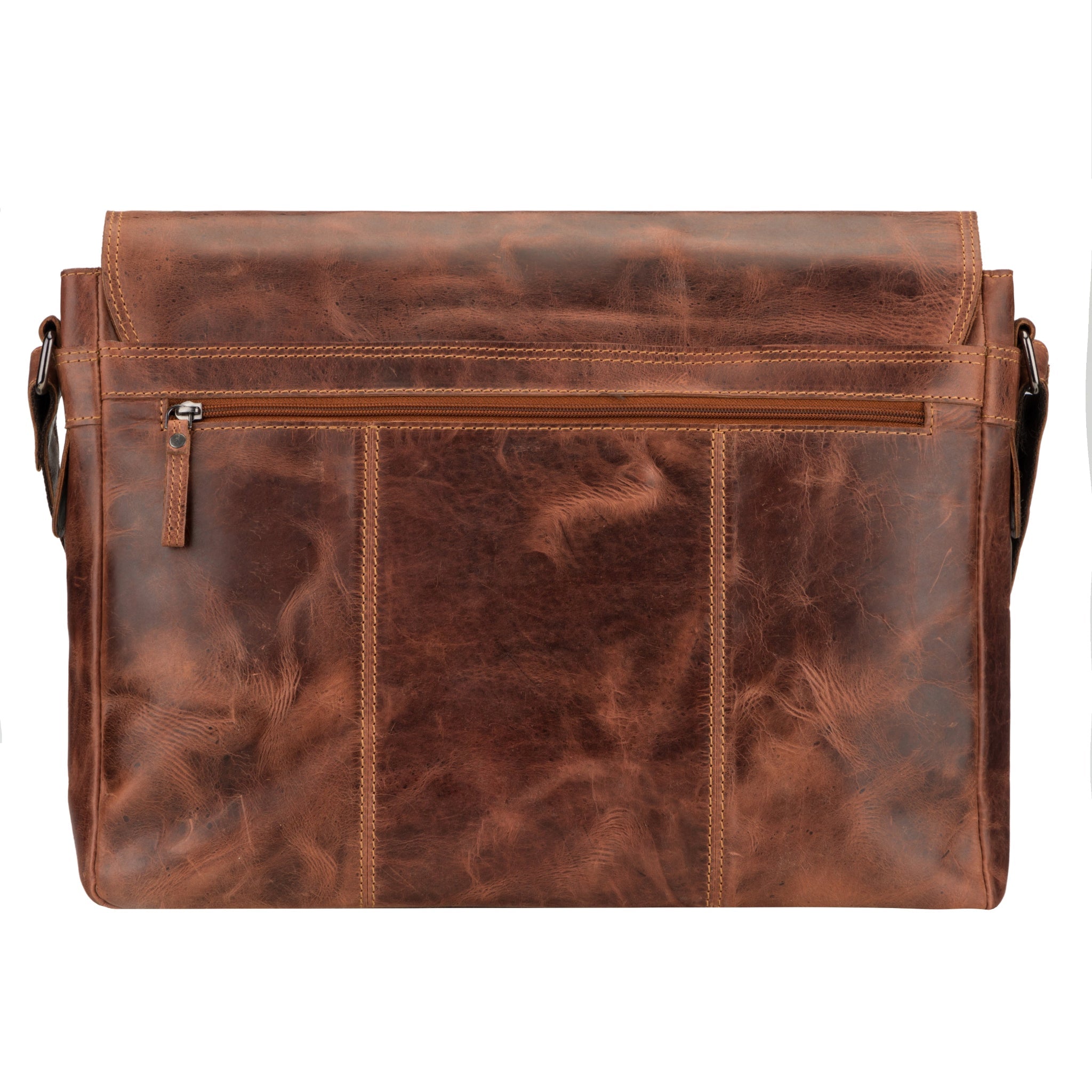 Richmond full grain leather laptop messenger bag for men by Minori Leather, 16-inch work bag in chestnut color, with front pocket detail.