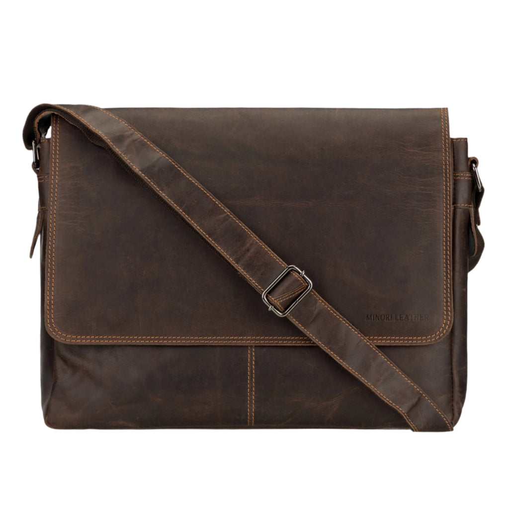 Richmond full grain leather laptop messenger bag for men, 16 inch work bag in brown by Minori Leather, showing front view.