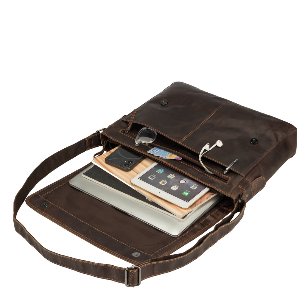 Brown Richmond Full Grain Leather Laptop Messenger Bag for Men, 16 Inch work bag by Minori Leather, showing front and strap details.