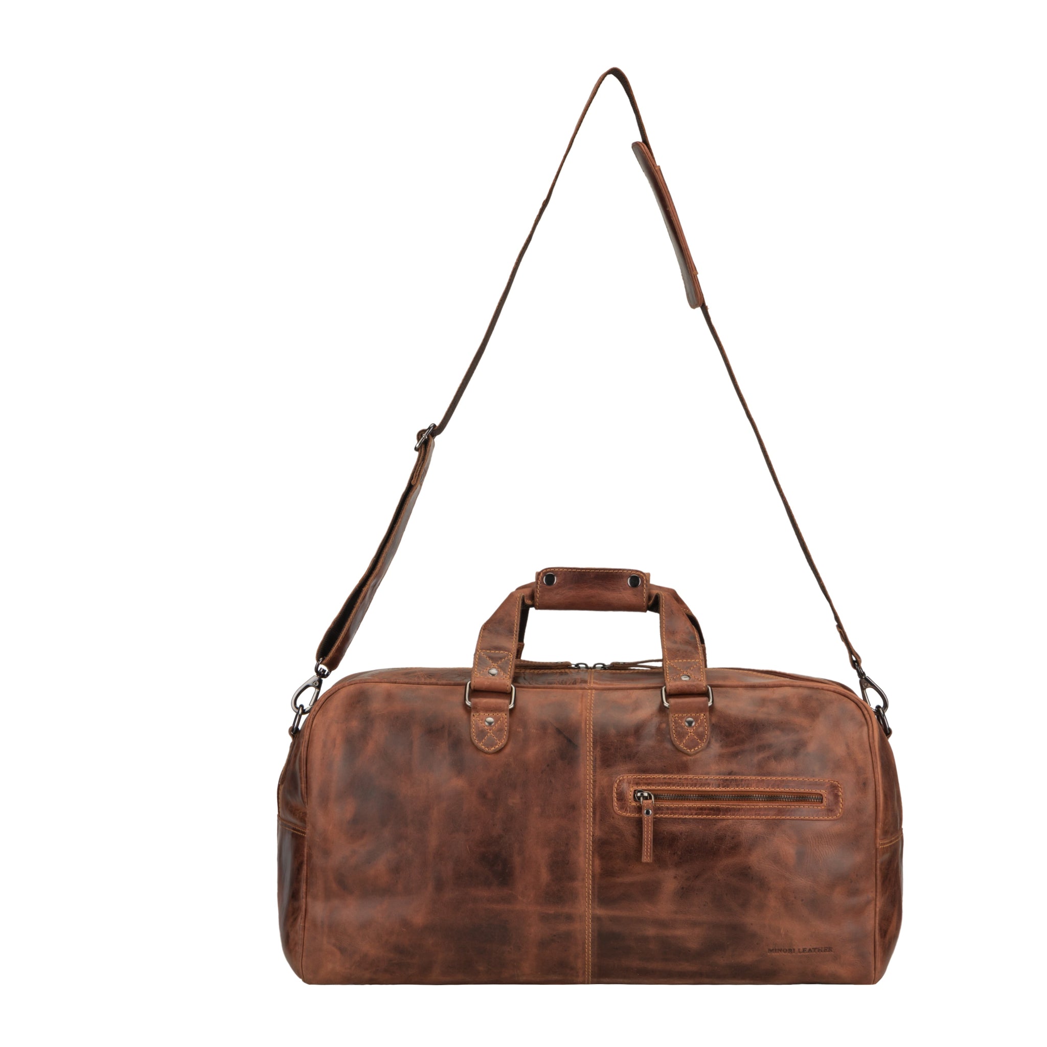 Minori Leather Hudson unisex leather duffle bag in chestnut, showing its spacious design and sturdy handles.