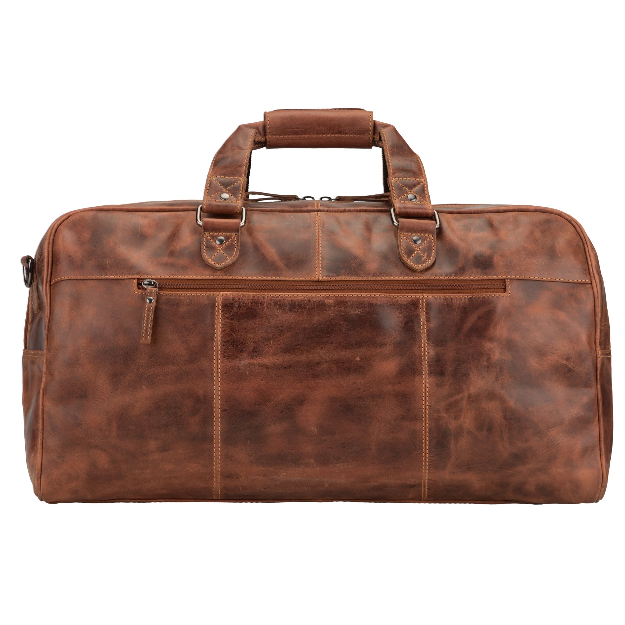 Minori Leather Hudson leather duffle bag in chestnut, unisex travel bag with sturdy handles and durable design.