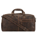 Minori Leather Hudson unisex brown leather duffle bag with sturdy handles and spacious interior for travel or weekend trips.