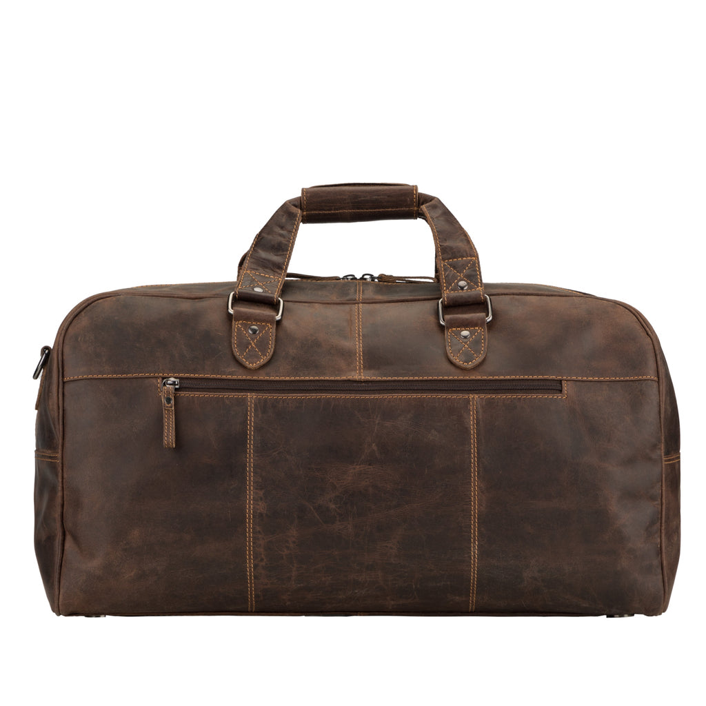 Minori Leather Hudson brown leather duffle bag for men and women, stylish unisex travel and gym bag with sturdy handles.