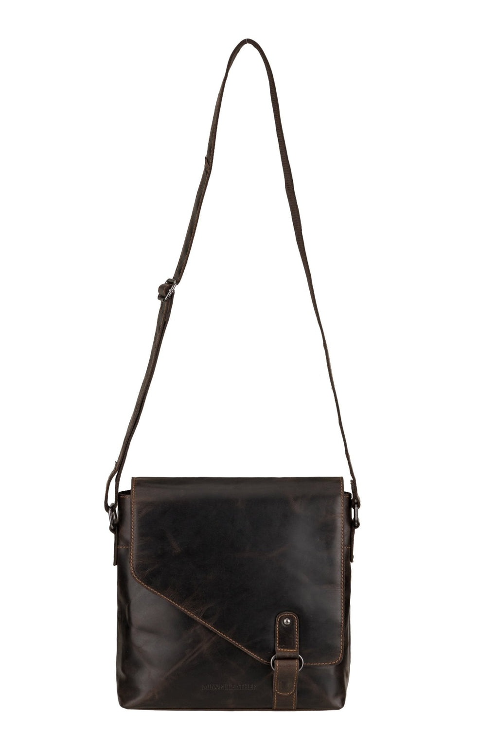 Minori Leather Noah brown leather crossbody satchel bag with adjustable strap and sleek design.