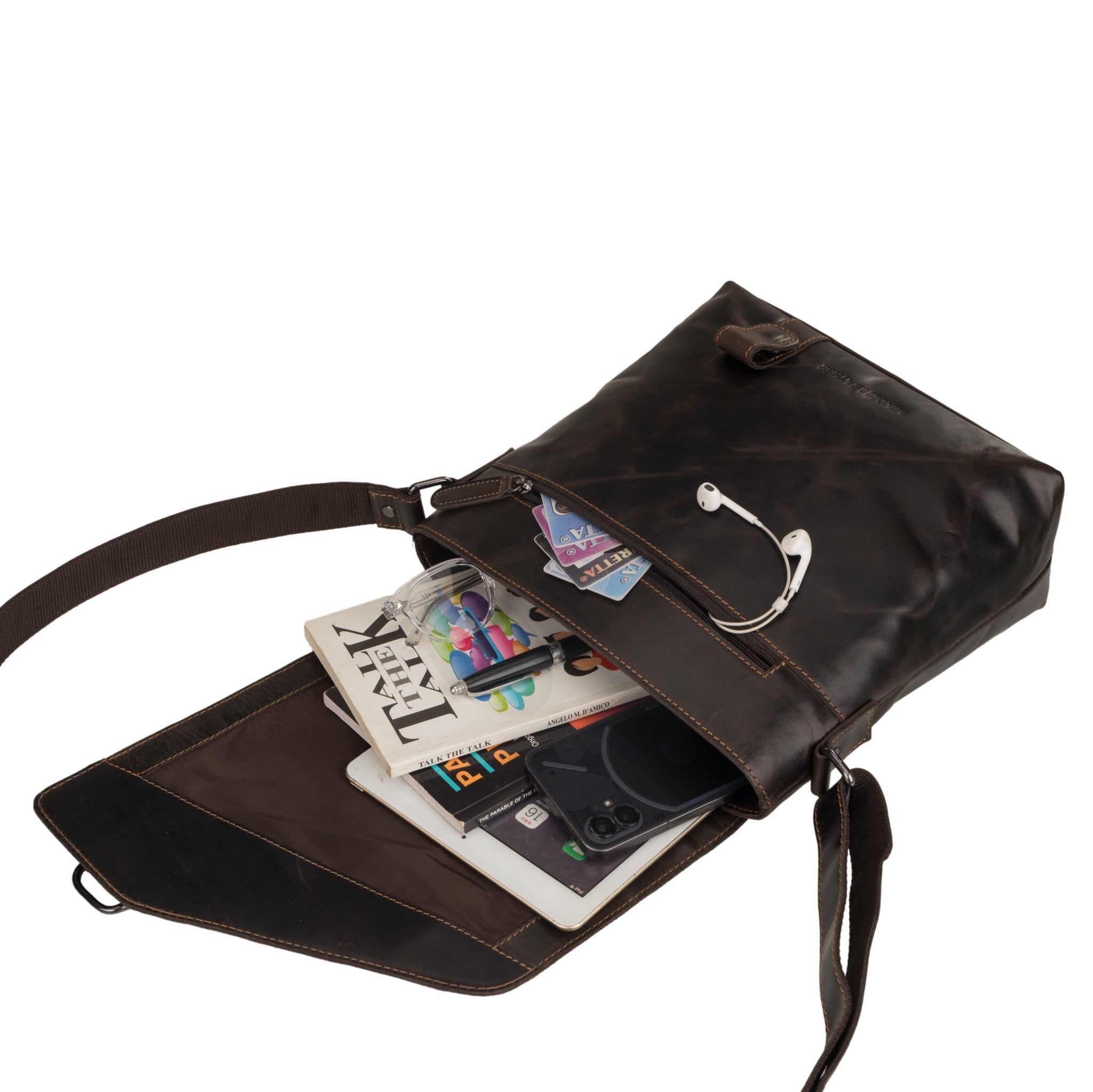 Minori Leather Noah brown leather crossbody satchel bag with adjustable strap and minimalist design.