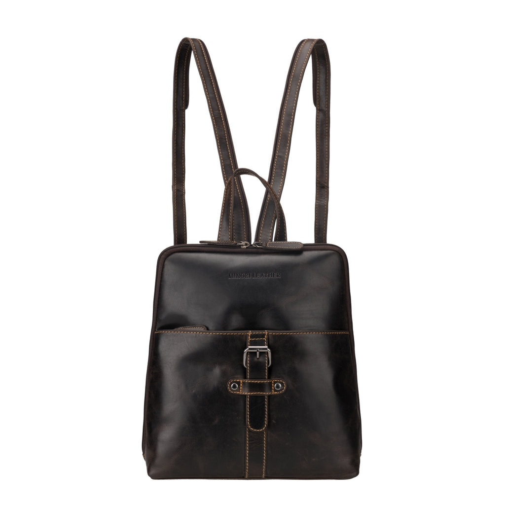 Brown Isla leather backpack for women by Minori Leather, featuring a stylish and functional design with adjustable straps.