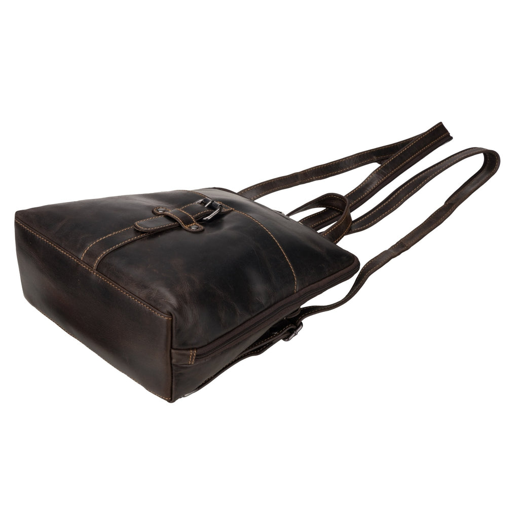 Brown Isla leather backpack for women by Minori Leather, featuring a stylish and functional design with adjustable straps and top handle.
