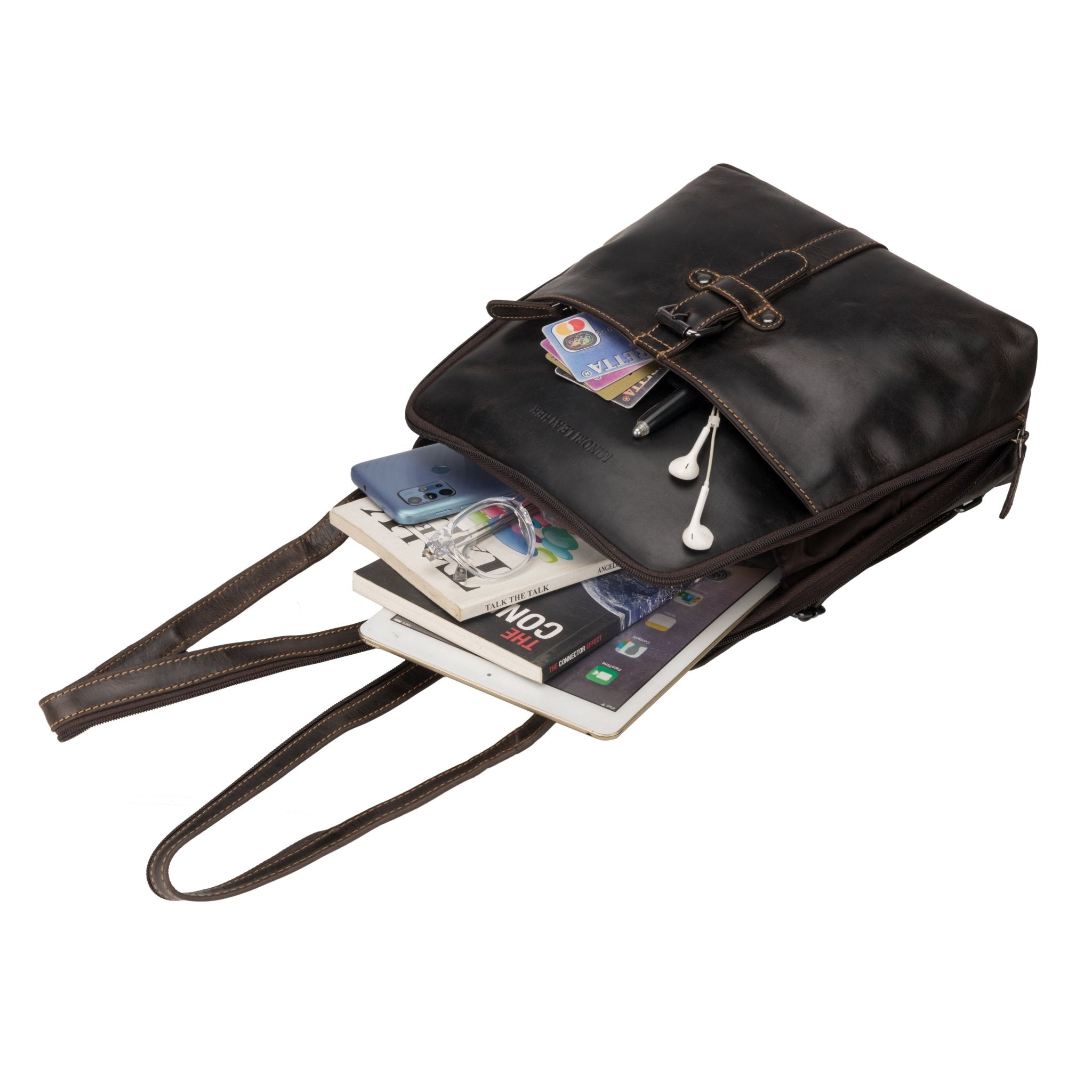 Brown Isla Leather Backpack for women by Minori Leather, featuring a stylish leather design with adjustable straps.