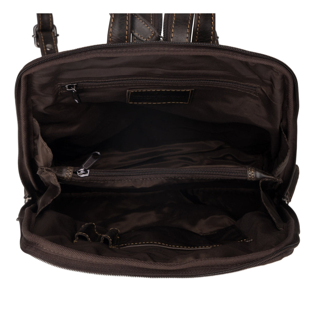 Brown Isla leather backpack for women by Minori Leather, showing the stylish, spacious bag with adjustable straps and top handle.