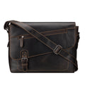 Brown Minori Leather messenger bag for 14-inch laptops, premium leather design with sturdy shoulder strap and classic style.