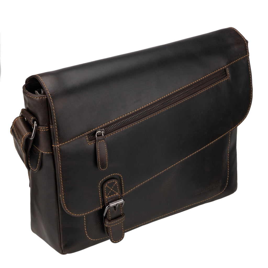 Brown Minori Leather 14-inch messenger laptop bag with sleek design and sturdy handles, ideal for professional use.