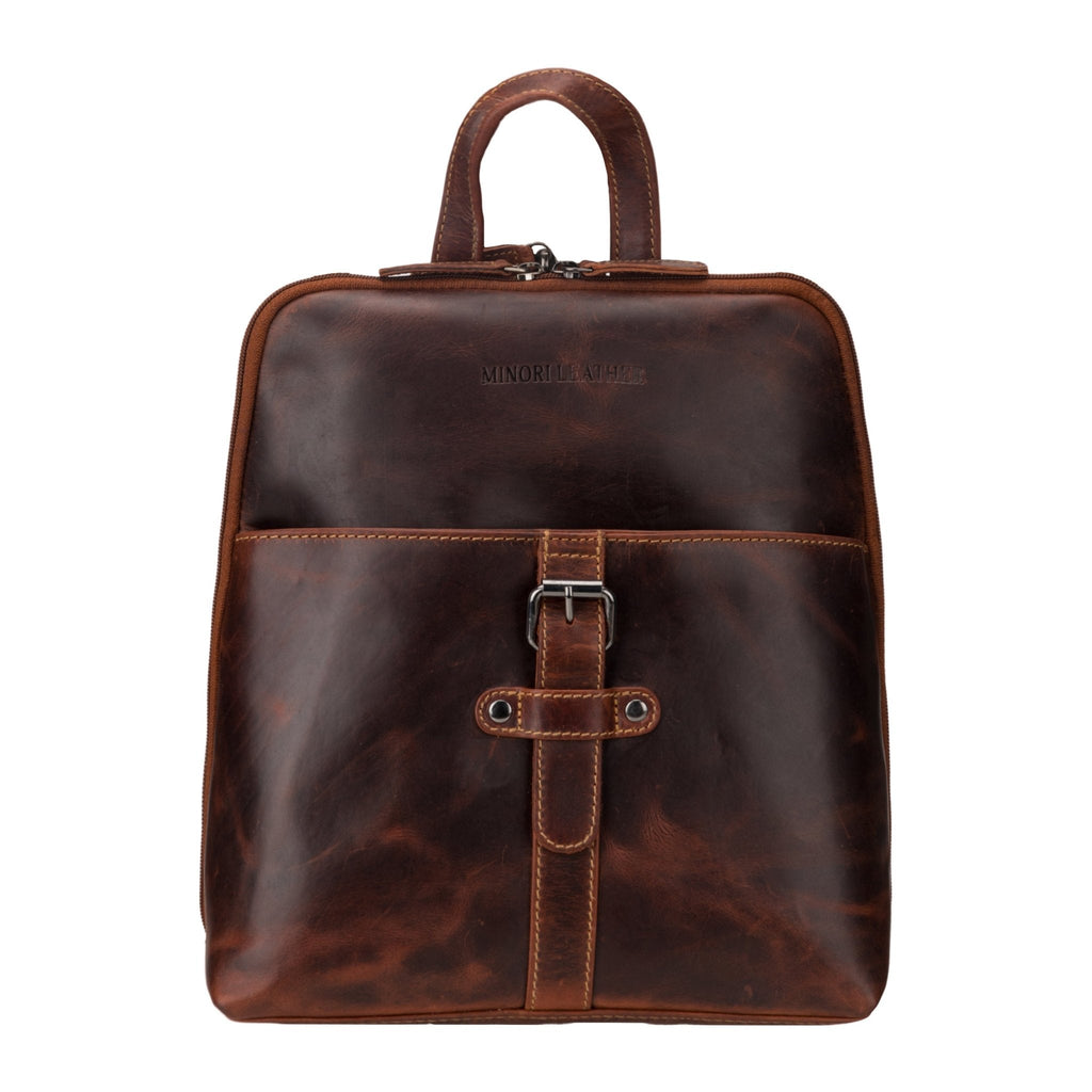 Minori Leather Isla Leather Backpack for women in chestnut, featuring a stylish and functional design with adjustable straps.