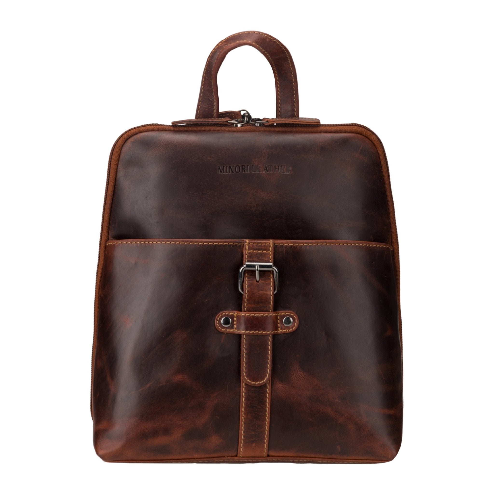 Minori Leather Isla Leather Backpack for women in chestnut, featuring a stylish and functional design with adjustable straps.
