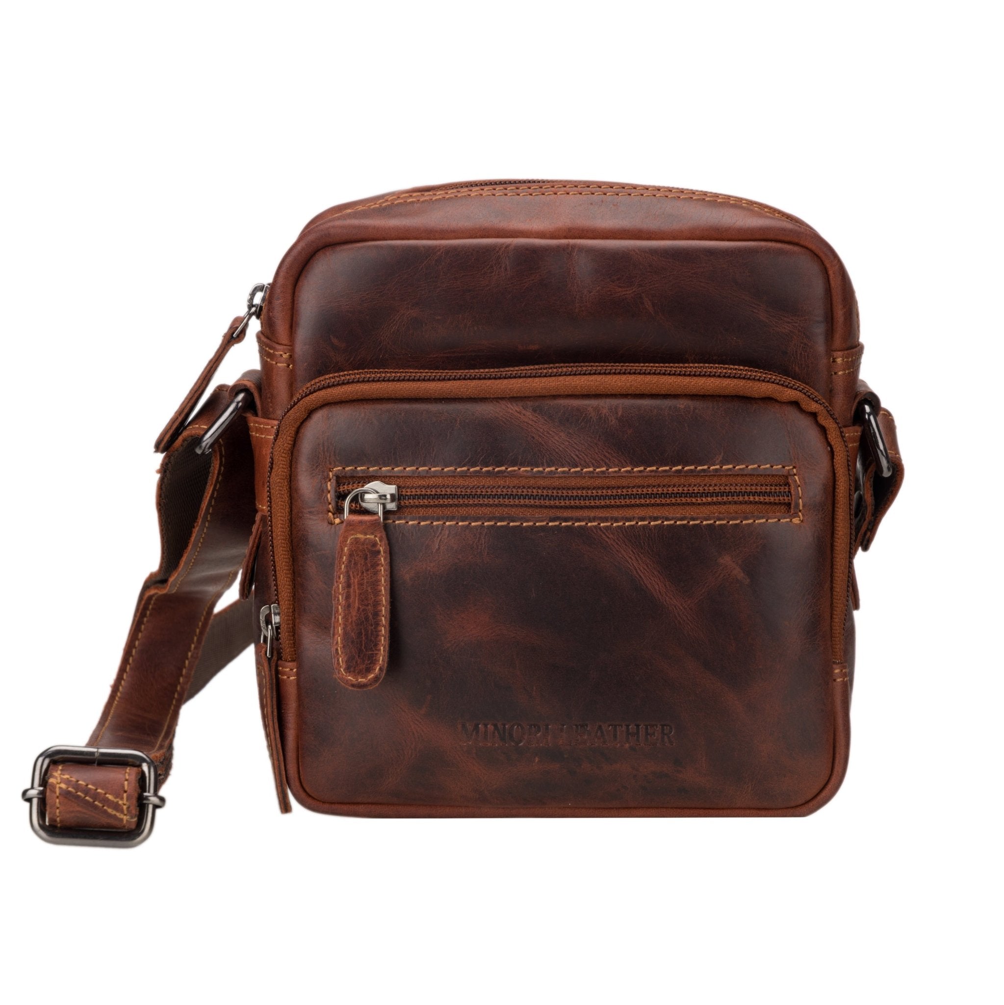 Minori Leather Cove Leather Crossbody Bag in chestnut brown with adjustable strap and sleek design.