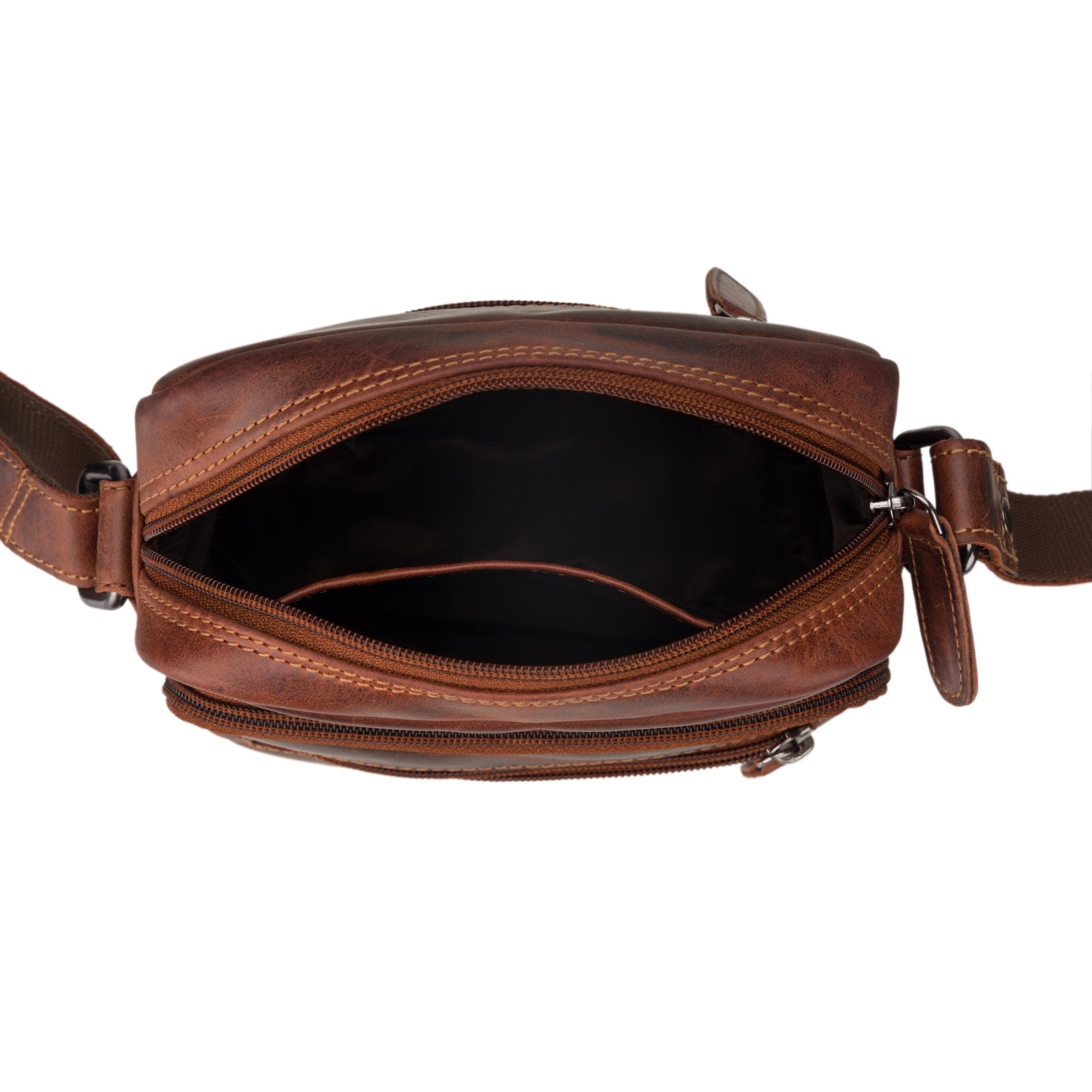 Minori Leather Cove leather crossbody bag in chestnut, featuring a compact design with adjustable strap and minimalist style.