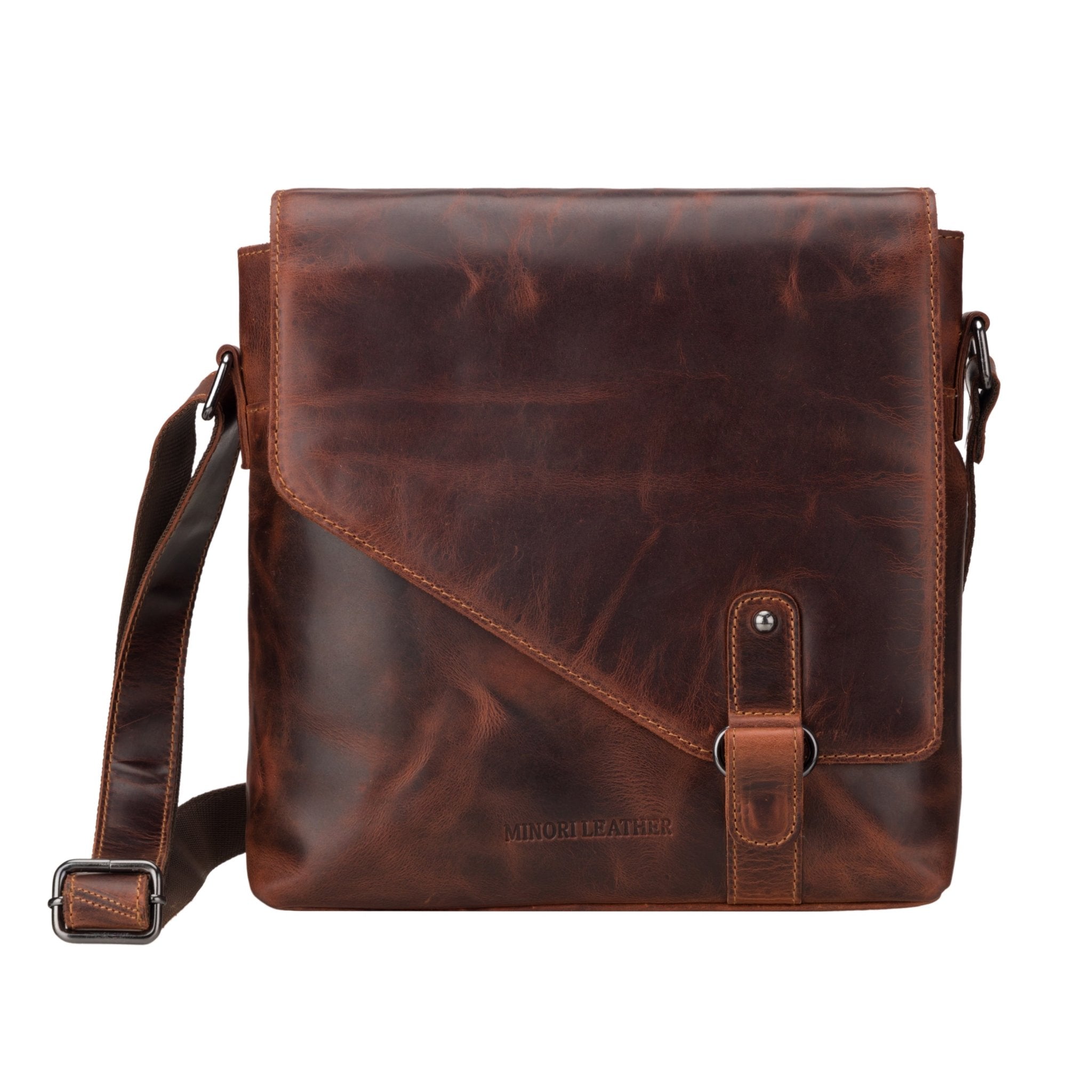 Minori Leather Noah leather crossbody satchel bag in chestnut, featuring a sleek design and adjustable strap.