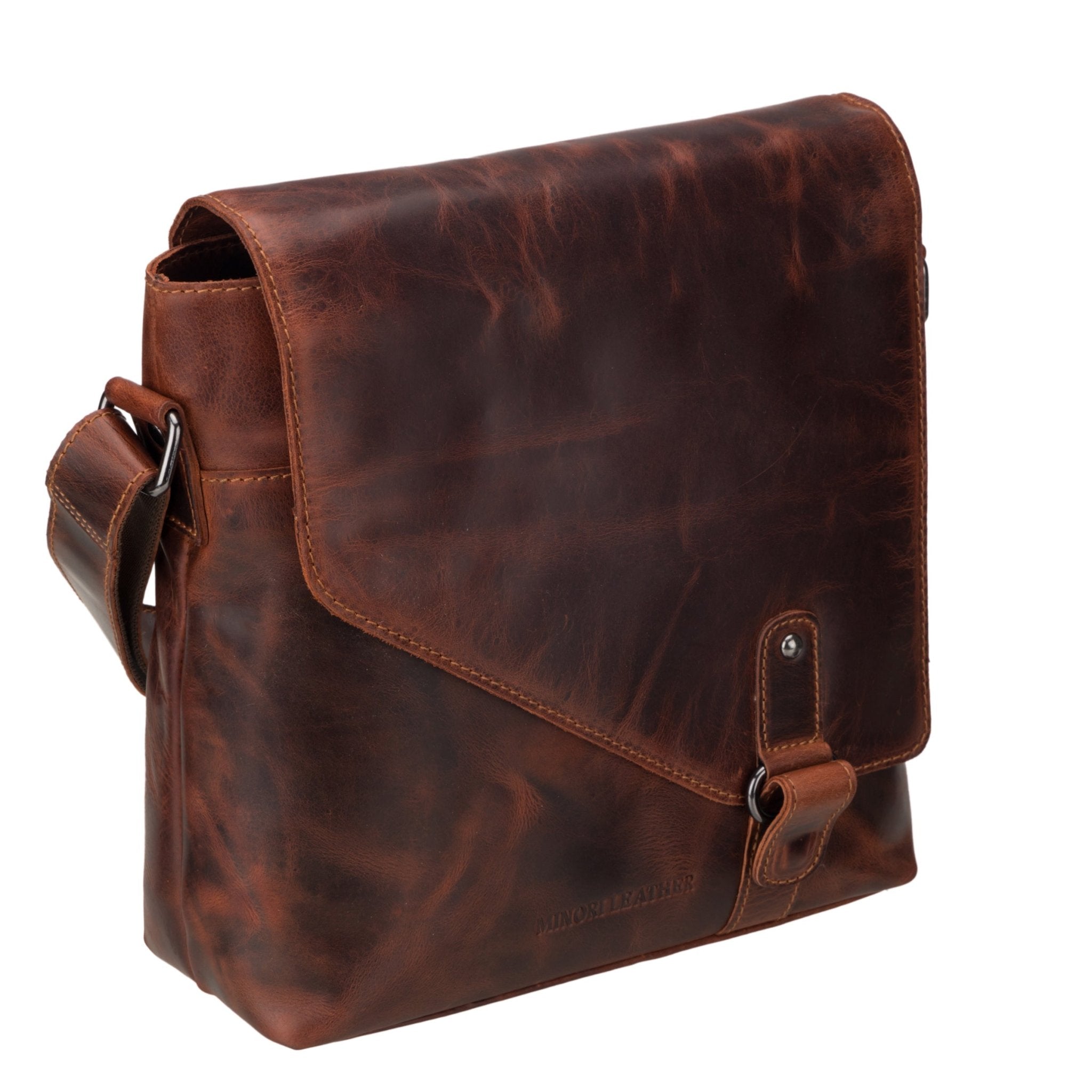Minori Leather Noah leather crossbody satchel bag in chestnut with adjustable strap and sleek design.