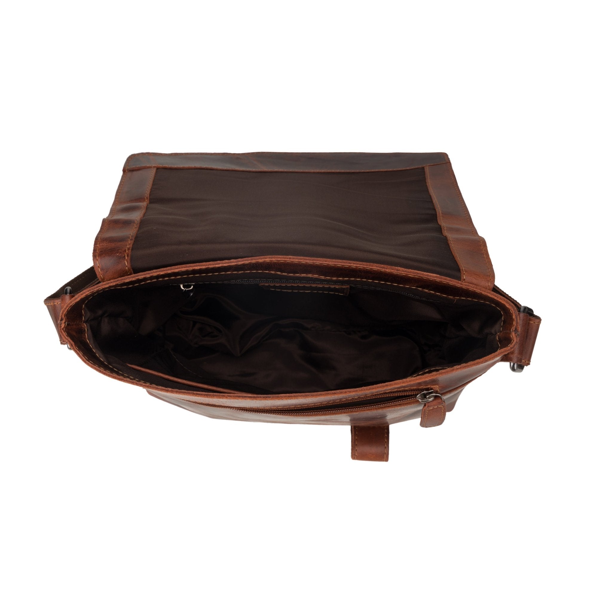 Minori Leather Noah chestnut leather crossbody satchel bag with adjustable strap and sleek design.