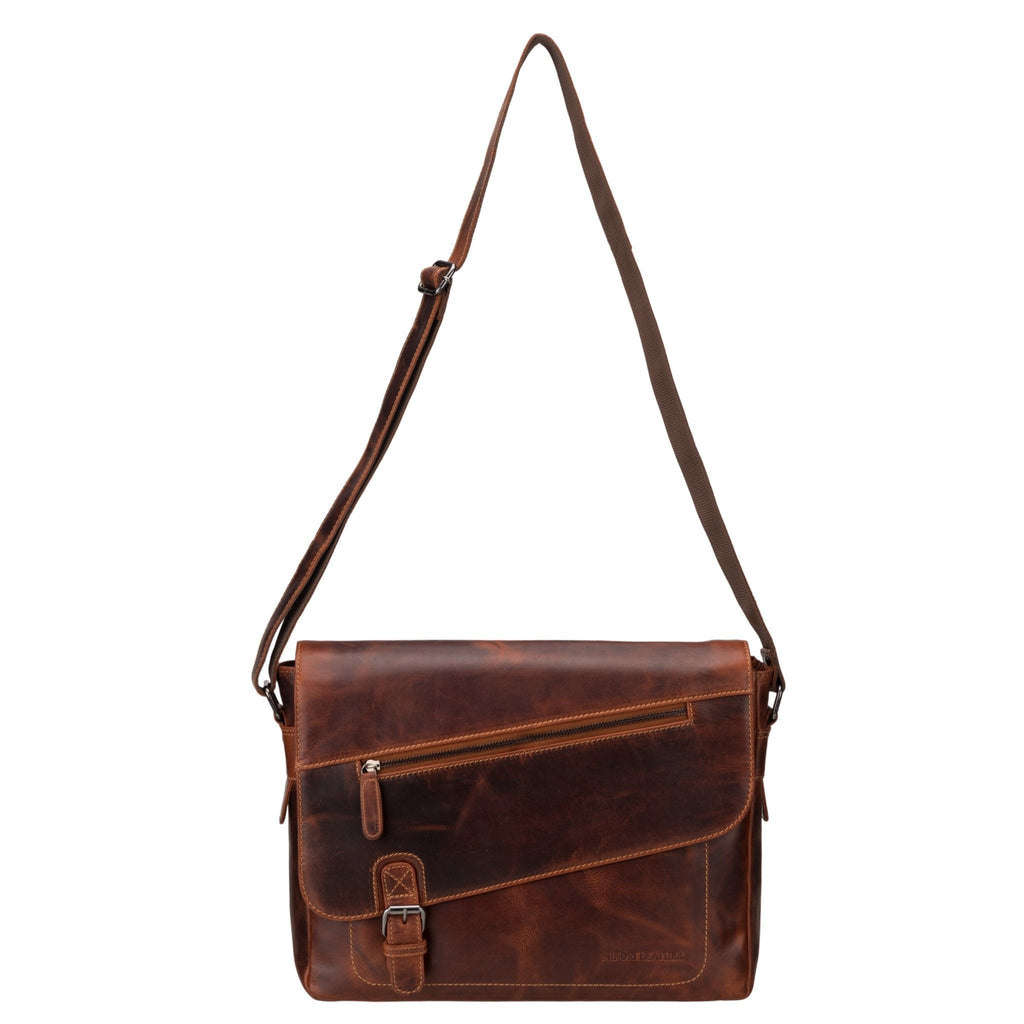 Minori Leather 14-inch Chicago premium leather messenger bag in chestnut color, featuring a sleek design with a front flap and adjustable strap.