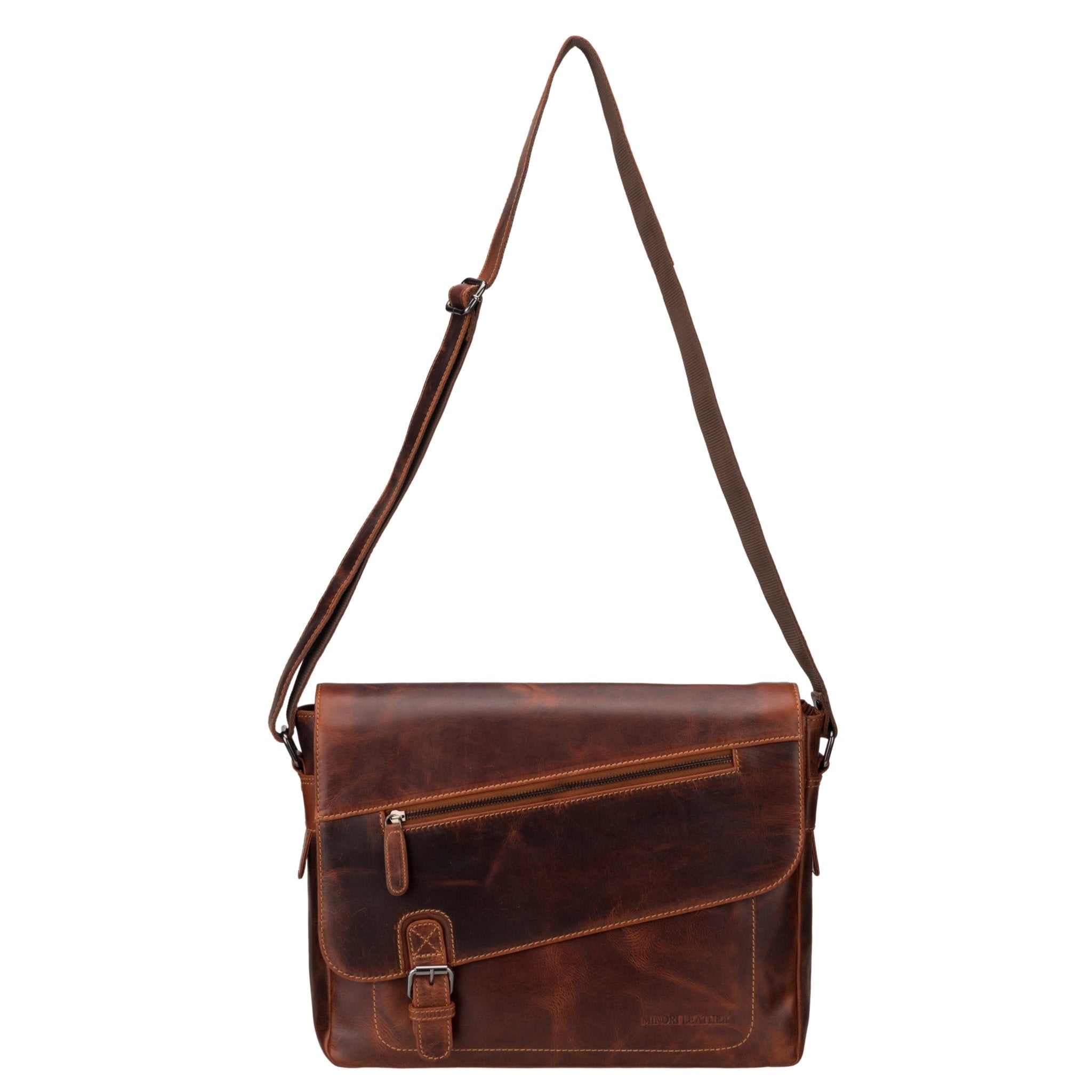 Minori Leather 14-inch Chicago premium leather messenger bag in chestnut color, featuring a sleek design with a front flap and adjustable strap.