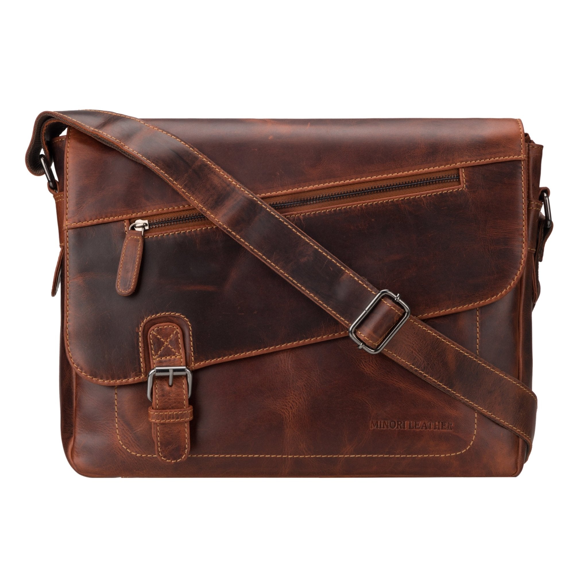Minori Leather premium chestnut leather messenger bag for 14-inch laptops, featuring a sleek design and durable craftsmanship.
