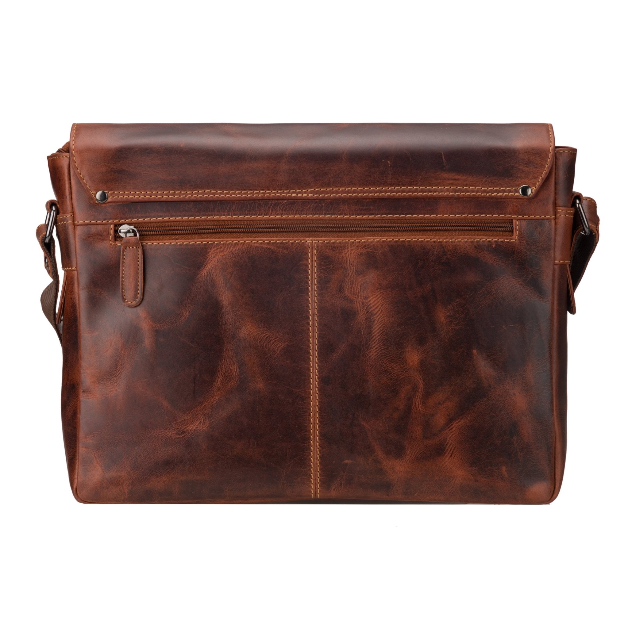 Minori Leather 14-inch chestnut leather messenger bag for laptops, featuring a sleek, classic design with sturdy shoulder strap.