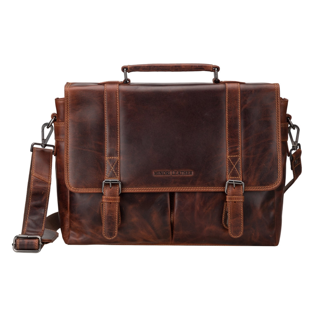 Unisex Boston Leather Briefcase Bag in chestnut, 16-inch Minori Leather briefcase with sturdy handle and sleek design