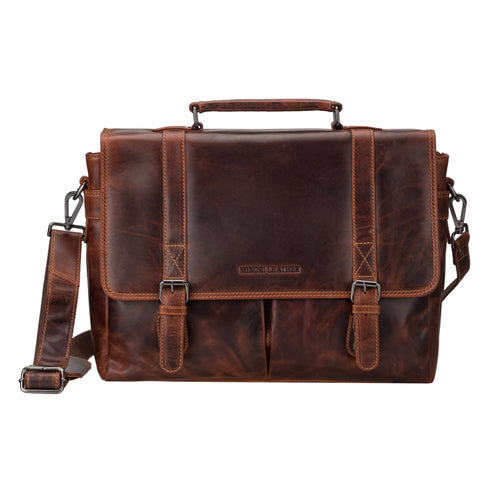 Unisex Boston Leather Briefcase Bag in chestnut, 16-inch Minori Leather briefcase with sturdy handle and sleek design