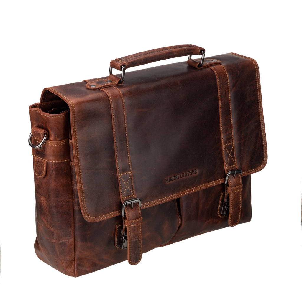 Minori Leather Boston leather briefcase bag in chestnut, 16-inch unisex design with sturdy handles and classic style.