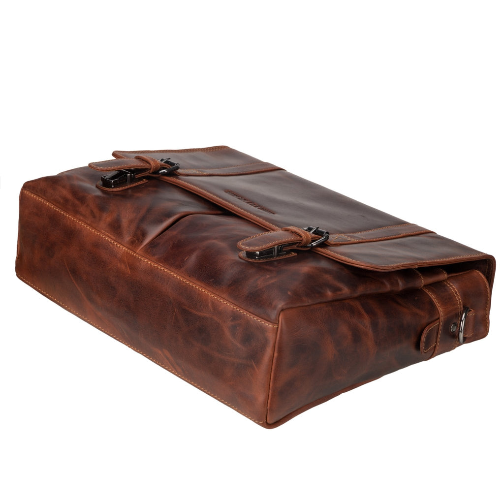 Unisex Boston Leather Briefcase Bag in chestnut color with sturdy handles and sleek design, made by Minori Leather.