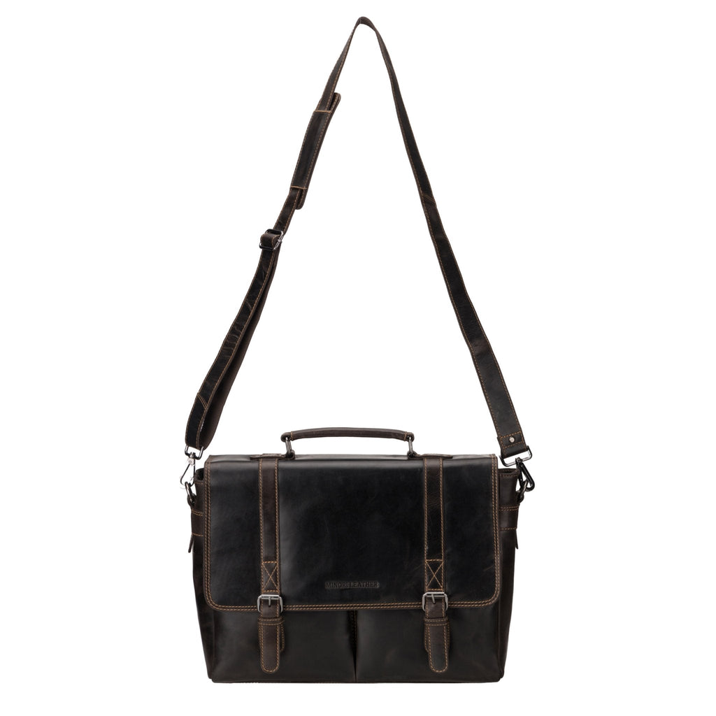 Brown Boston leather briefcase bag by Minori Leather, 16-inch unisex professional briefcase with sturdy handles and classic design.