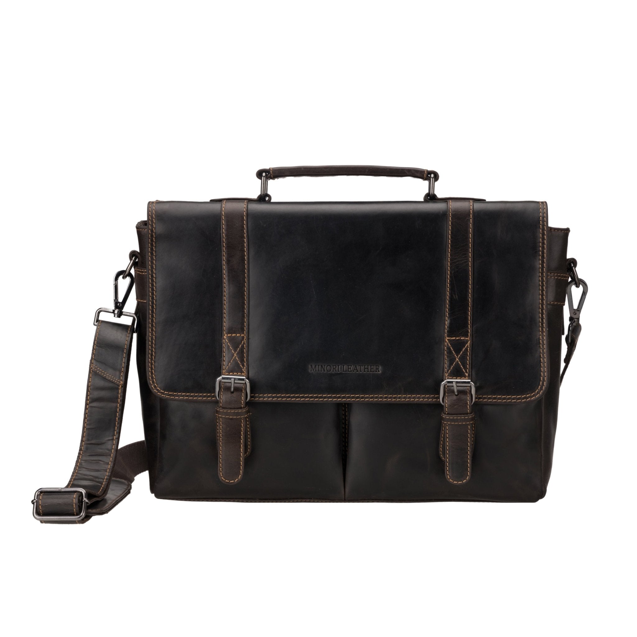 Brown Boston Leather briefcase bag by Minori Leather, 16-inch unisex design with sturdy handles and classic professional style.