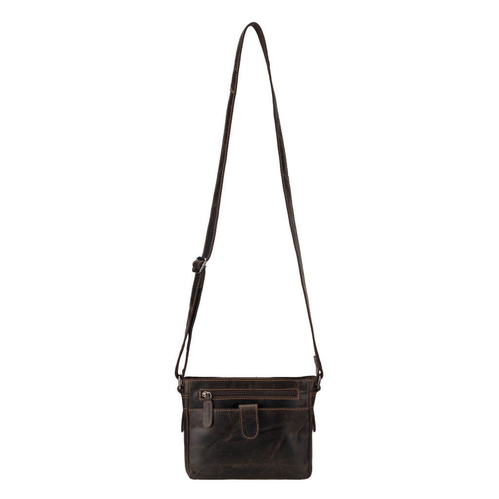 Brown Kingston leather crossbody bag by Minori Leather, unisex design with adjustable strap and classic style.