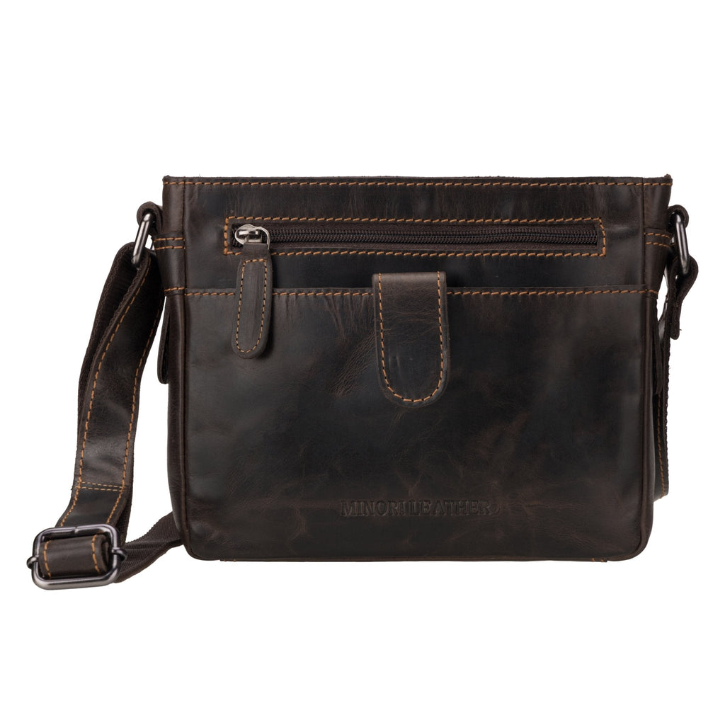 Minori Leather brown leather crossbody bag for unisex use, featuring a sleek design and adjustable strap.