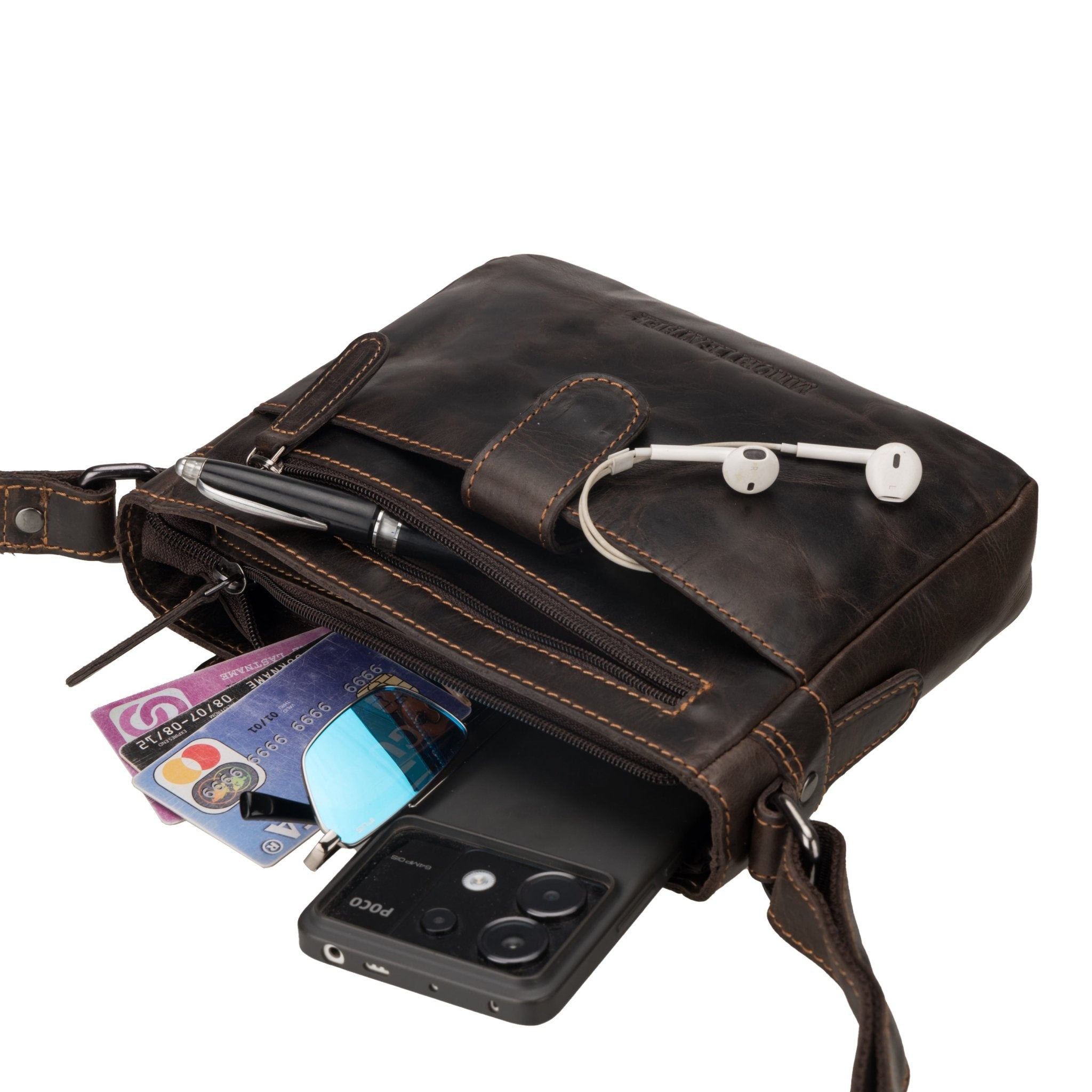 Brown Kingston leather crossbody bag by Minori Leather, unisex design with adjustable strap and sleek finish.
