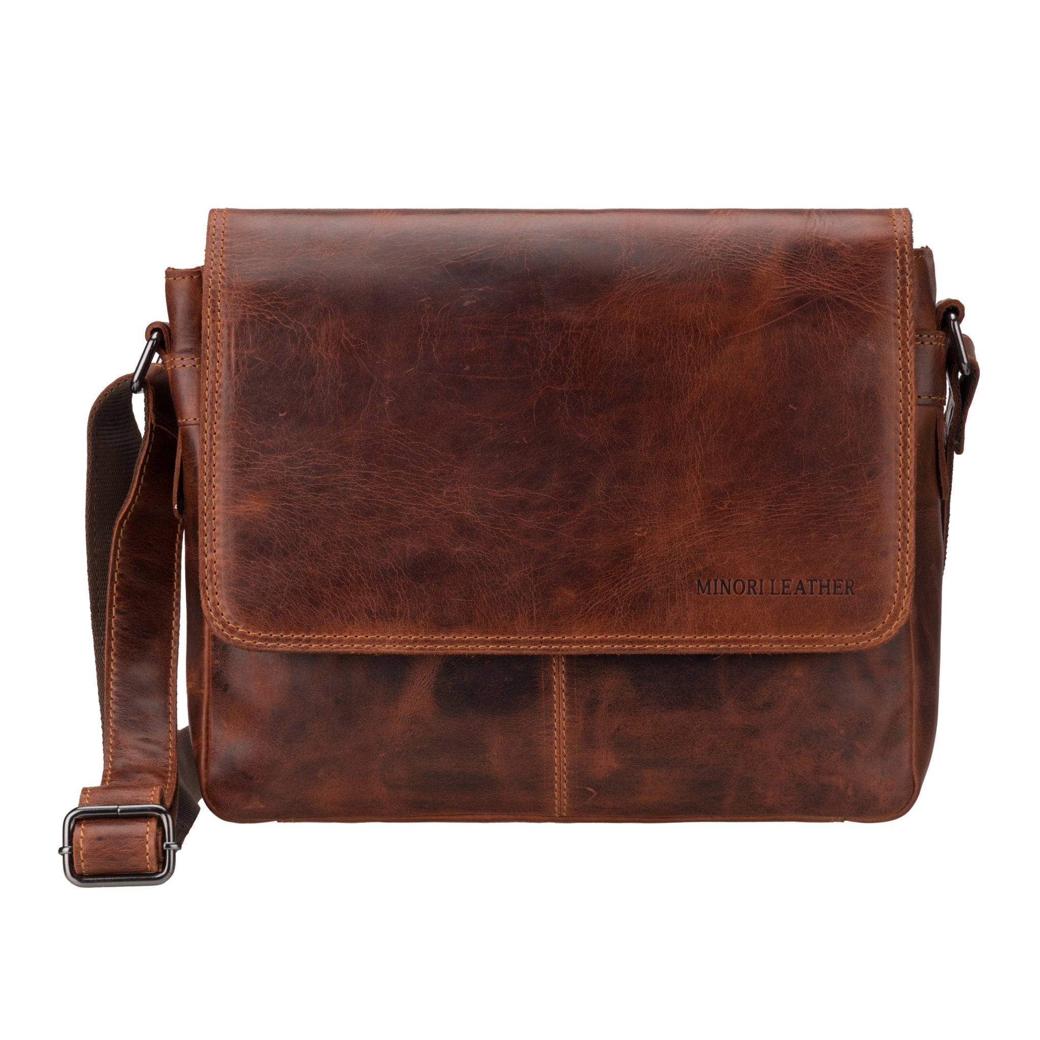 Minori Leather Austin leather satchel bag, 11-inch chestnut crossbody bag for men and women, stylish unisex accessory.