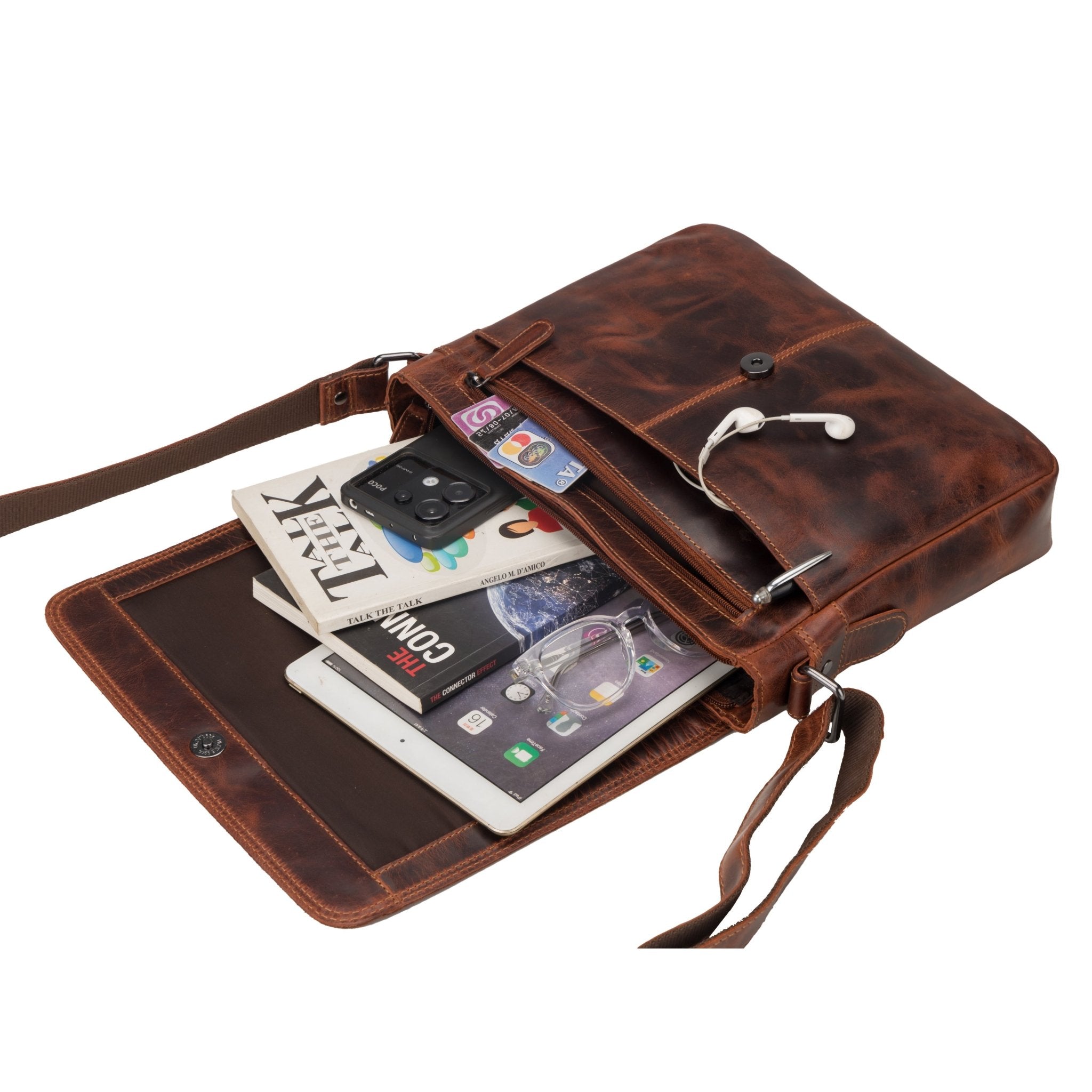 Austin leather satchel bag by Minori Leather, unisex 11-inch crossbody bag in chestnut leather, with adjustable strap and front pocket.