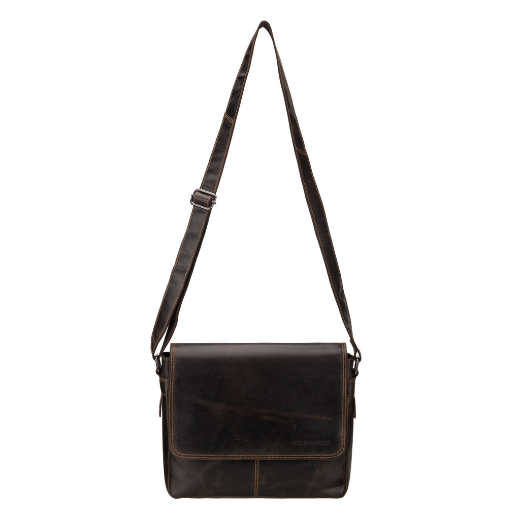 Brown Austin leather satchel bag by Minori Leather, 11-inch unisex crossbody bag with sleek design and sturdy leather construction.