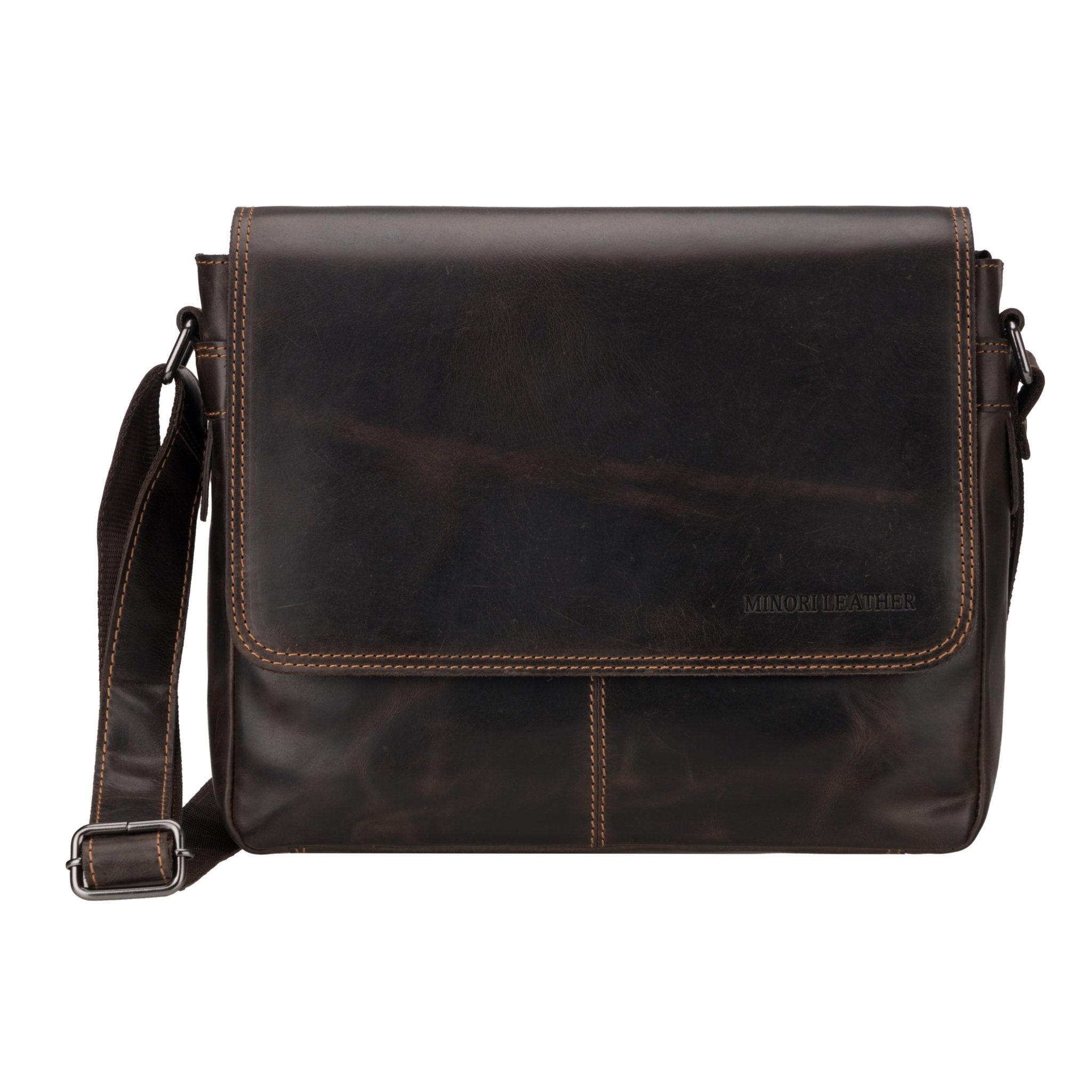 Brown Austin leather satchel bag by Minori Leather, unisex crossbody bag with adjustable strap and classic design.