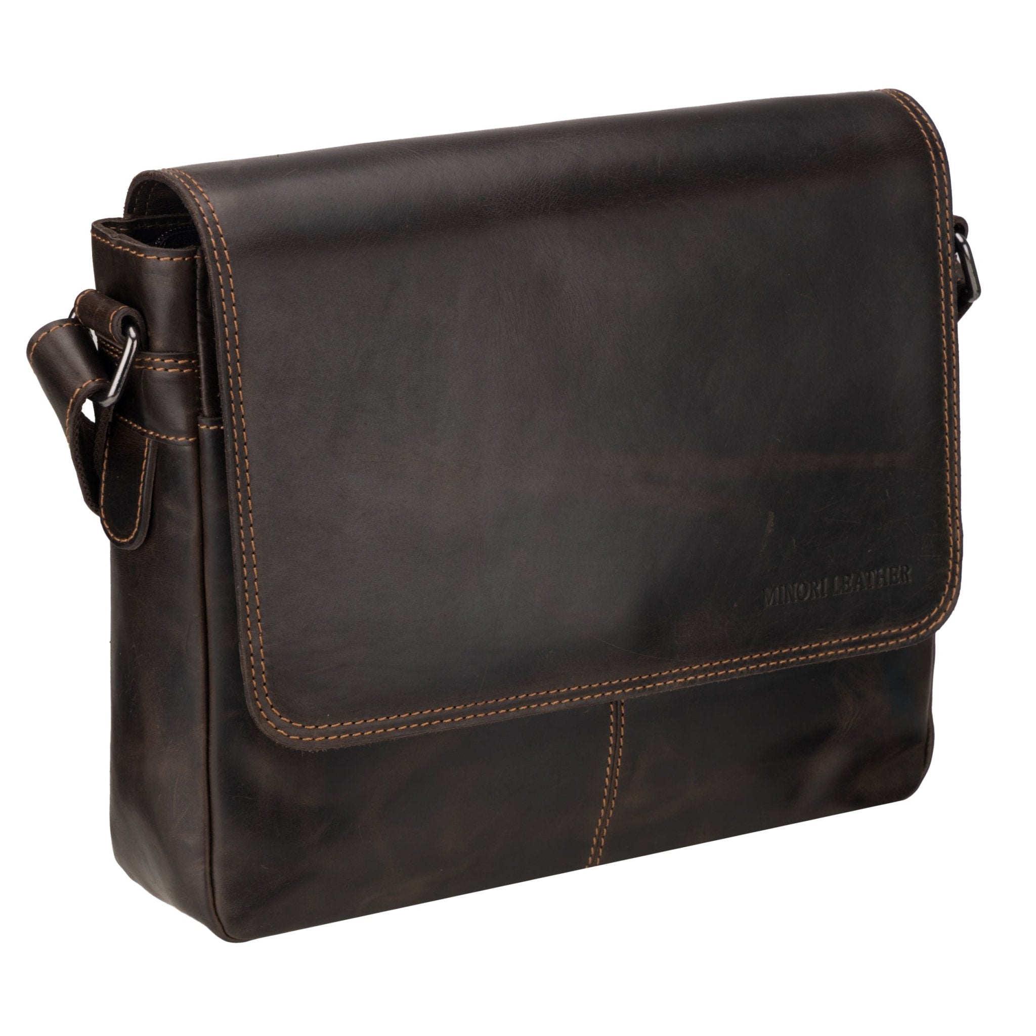 Brown Austin leather satchel bag by Minori Leather, unisex 11-inch crossbody bag with sleek design and sturdy strap.