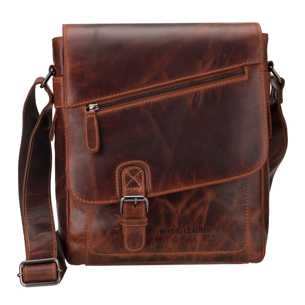 Minori Leather Raleigh chestnut leather crossbody satchel bag with adjustable strap and classic design.