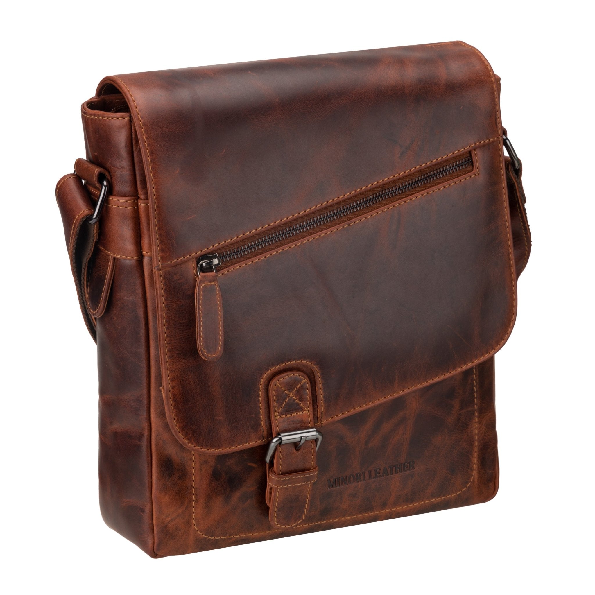 Minori Leather Raleigh Chestnut leather crossbody satchel bag with adjustable strap and classic design.