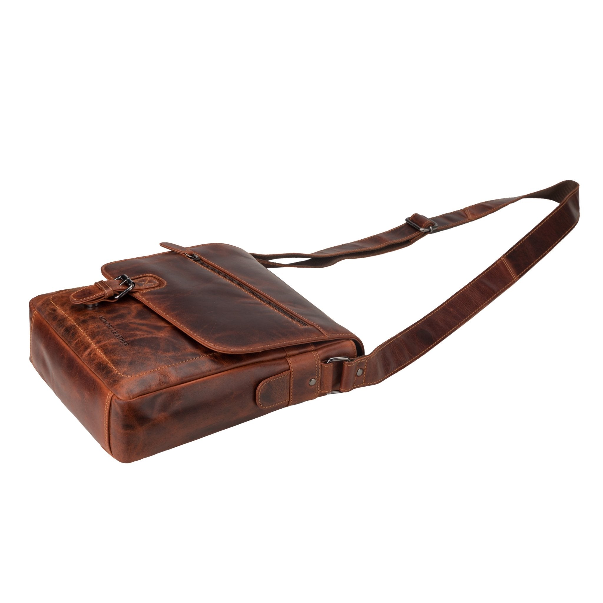 Minori Leather Raleigh chestnut leather crossbody satchel bag with adjustable strap and classic design.