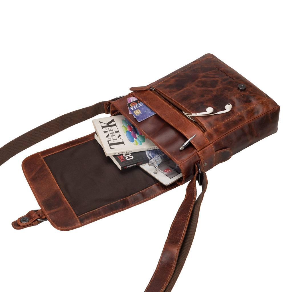 Minori Leather Raleigh leather satchel bag in chestnut, crossbody style with adjustable strap and classic design.