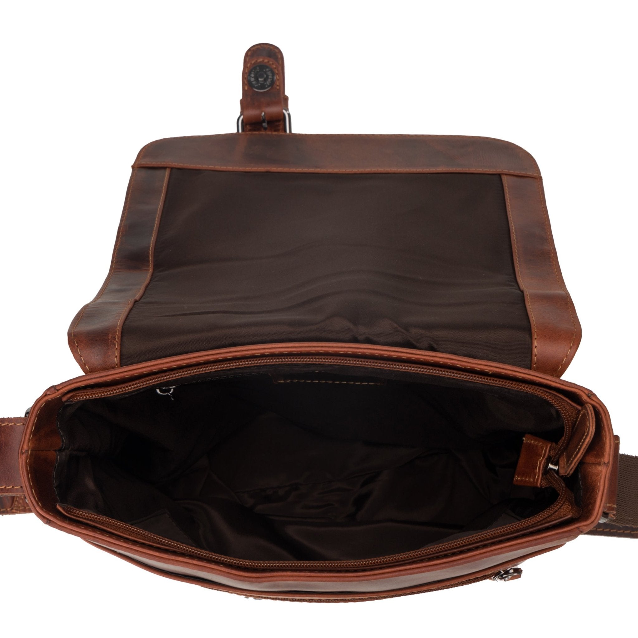 Minori Leather Raleigh leather crossbody satchel bag in chestnut with adjustable strap and classic design.