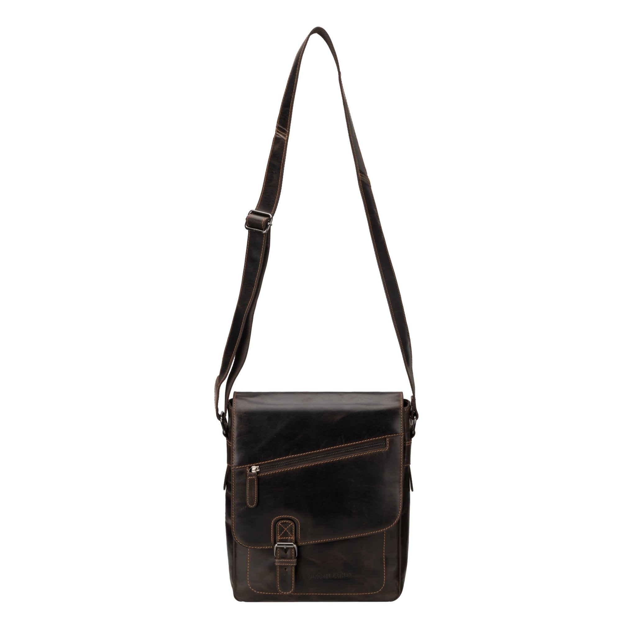 Minori Leather brown leather crossbody satchel bag with adjustable strap and classic design.