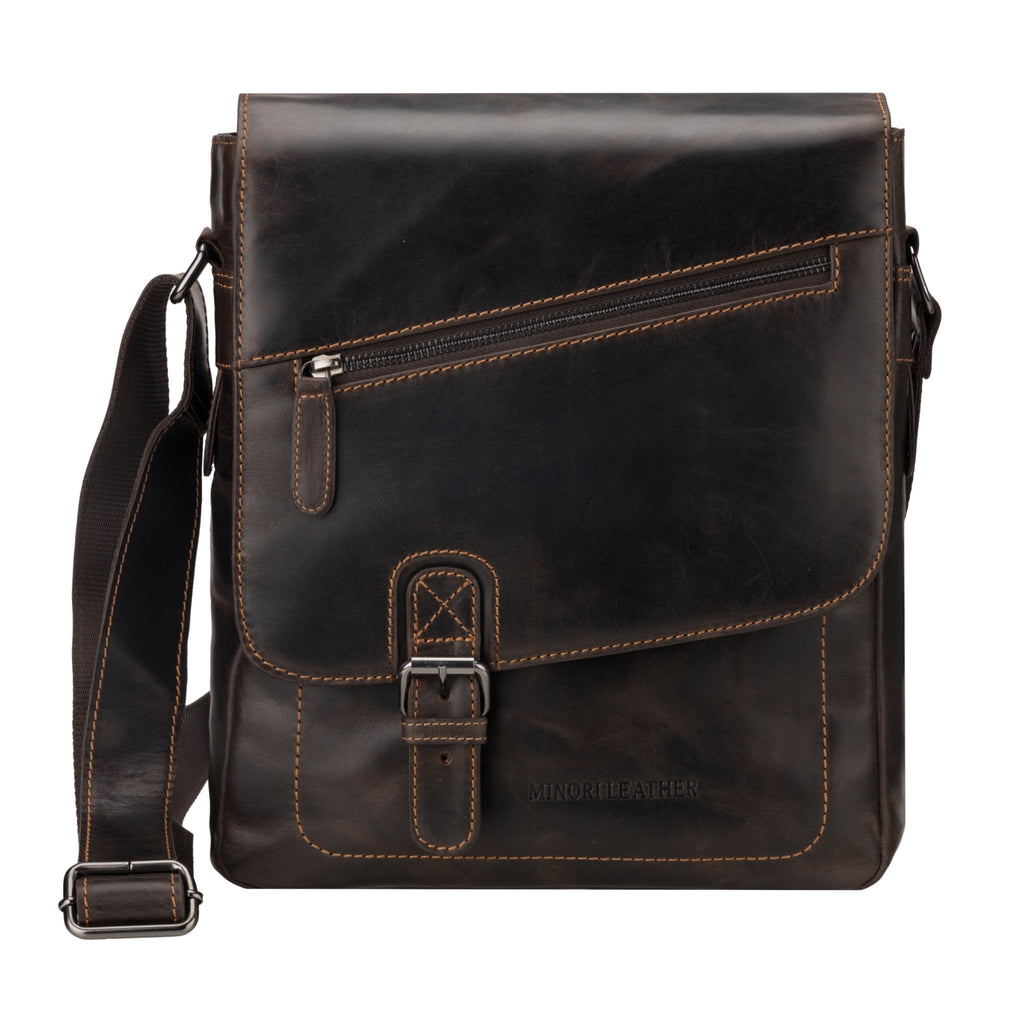 Minori Leather brown Raleigh leather satchel crossbody bag with adjustable strap and classic design.