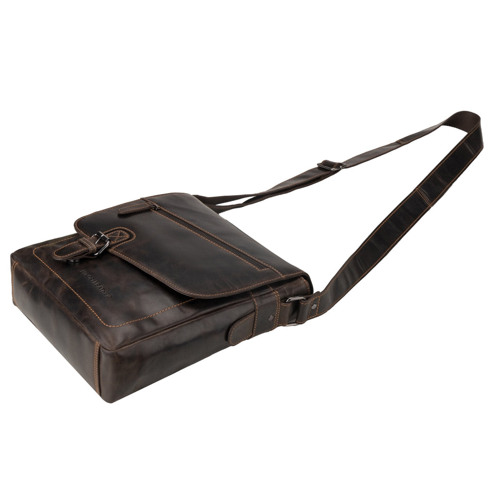 Minori Leather brown Raleigh leather satchel bag styled as a crossbody bag with adjustable strap and classic design.